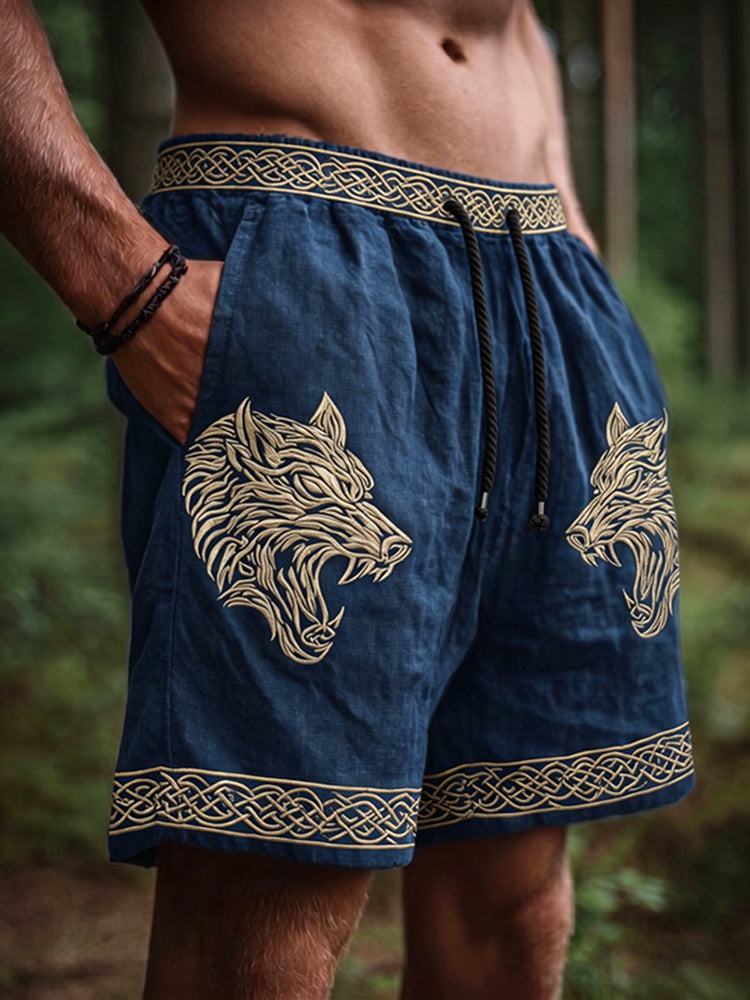 Men's Retro Viking Wolf Celtic Knot Art Linen Shorts