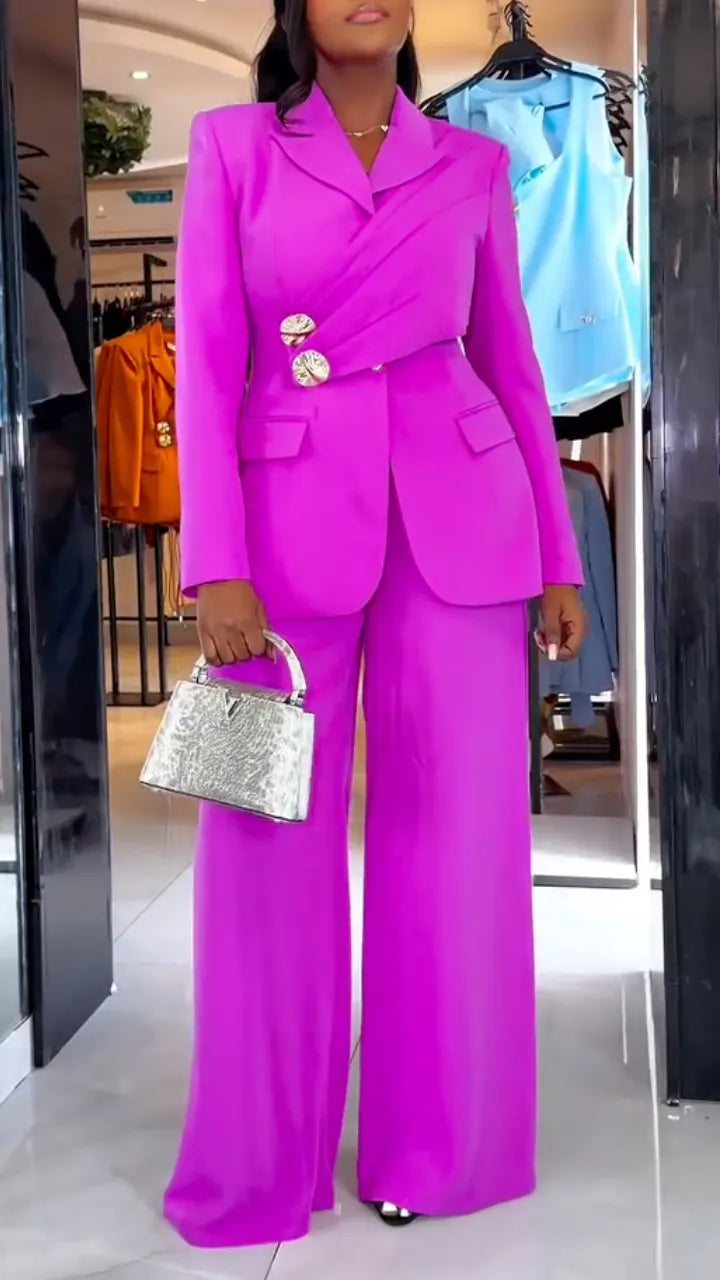 Women Collar Splicing Jacket+ Wide Leg Pants Temperament Commuting Formal Suit