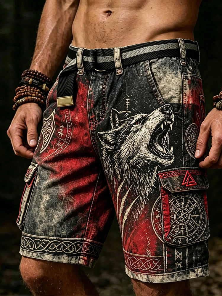 Men's Retro Viking Wolf Print Multi-pocket Shorts