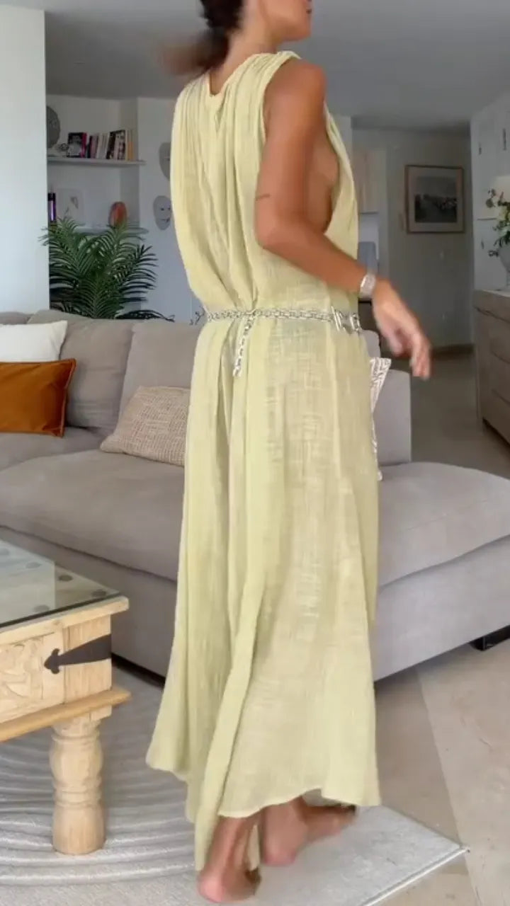 Crinkle Gauze Deep V‑Neck Maxi Dress