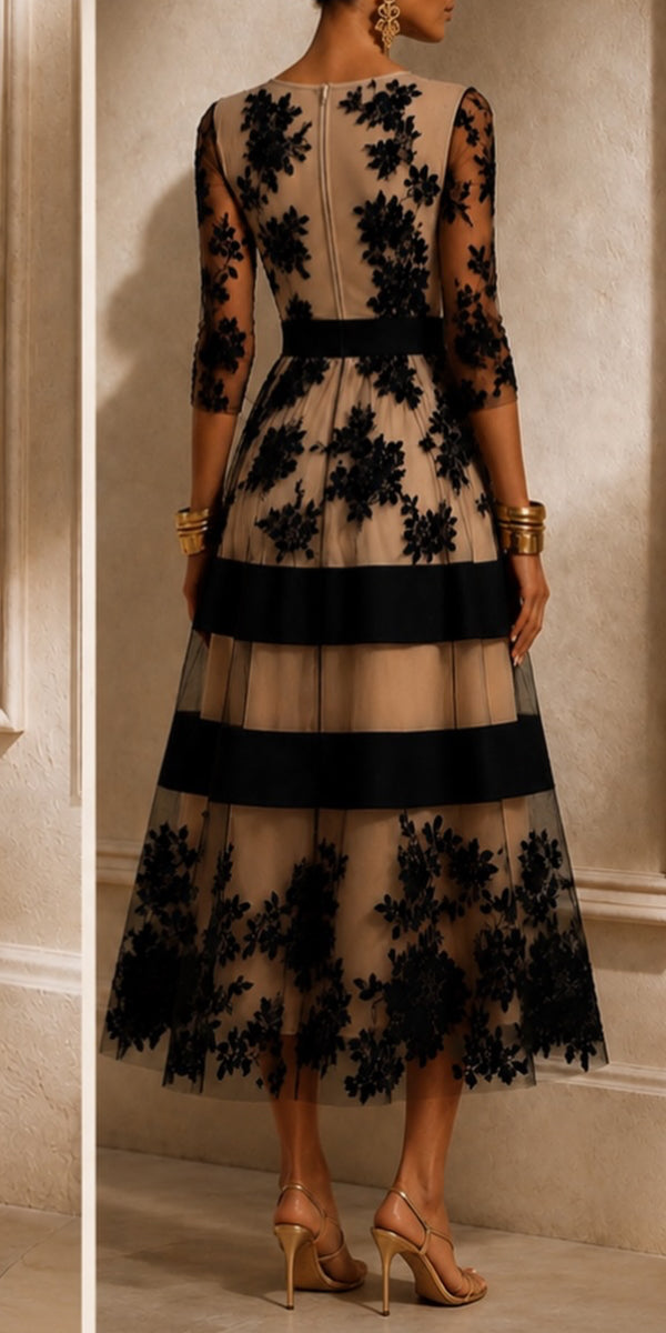 Black Floral Lace Midi Cocktail Dress
