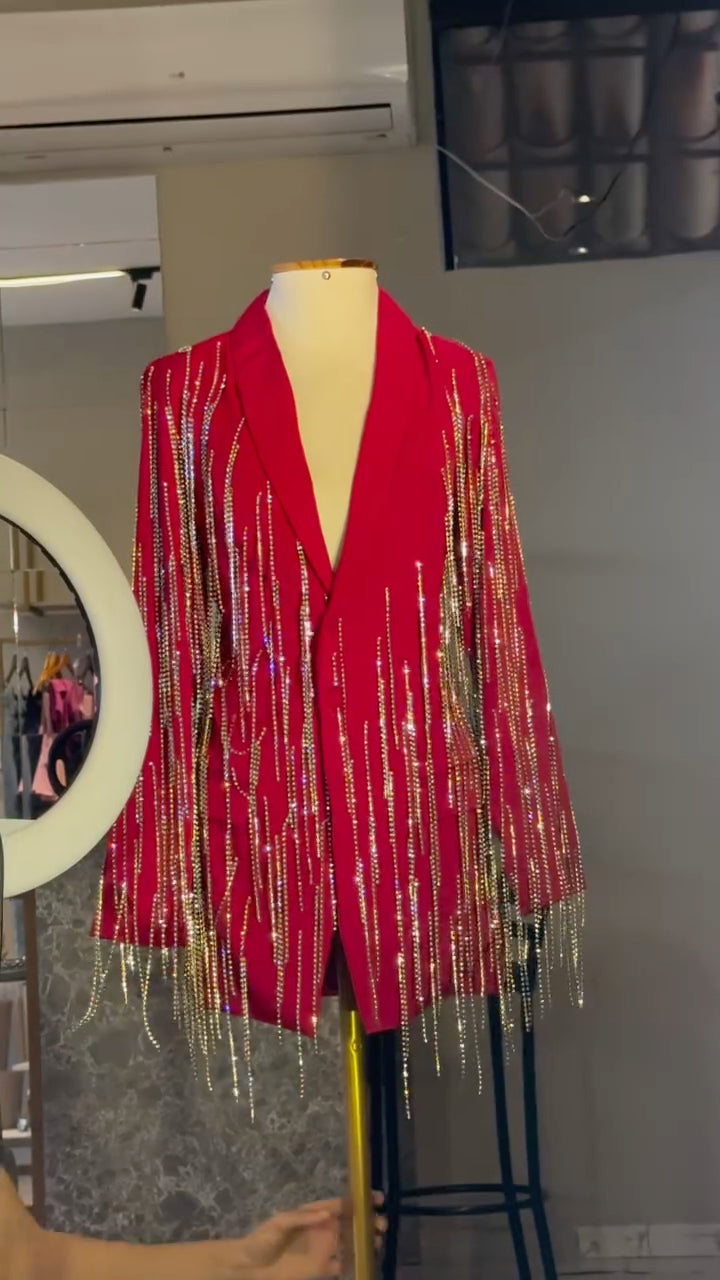 Red Blazer Jacket With Sparkling Rhinestone Fringe
