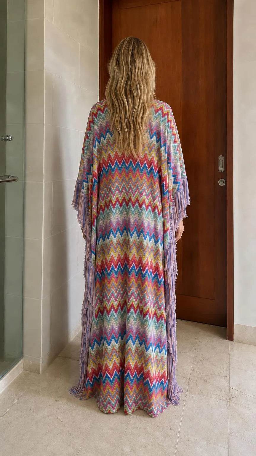 Bohemian Chevron Fringe Maxi Kaftan Dress