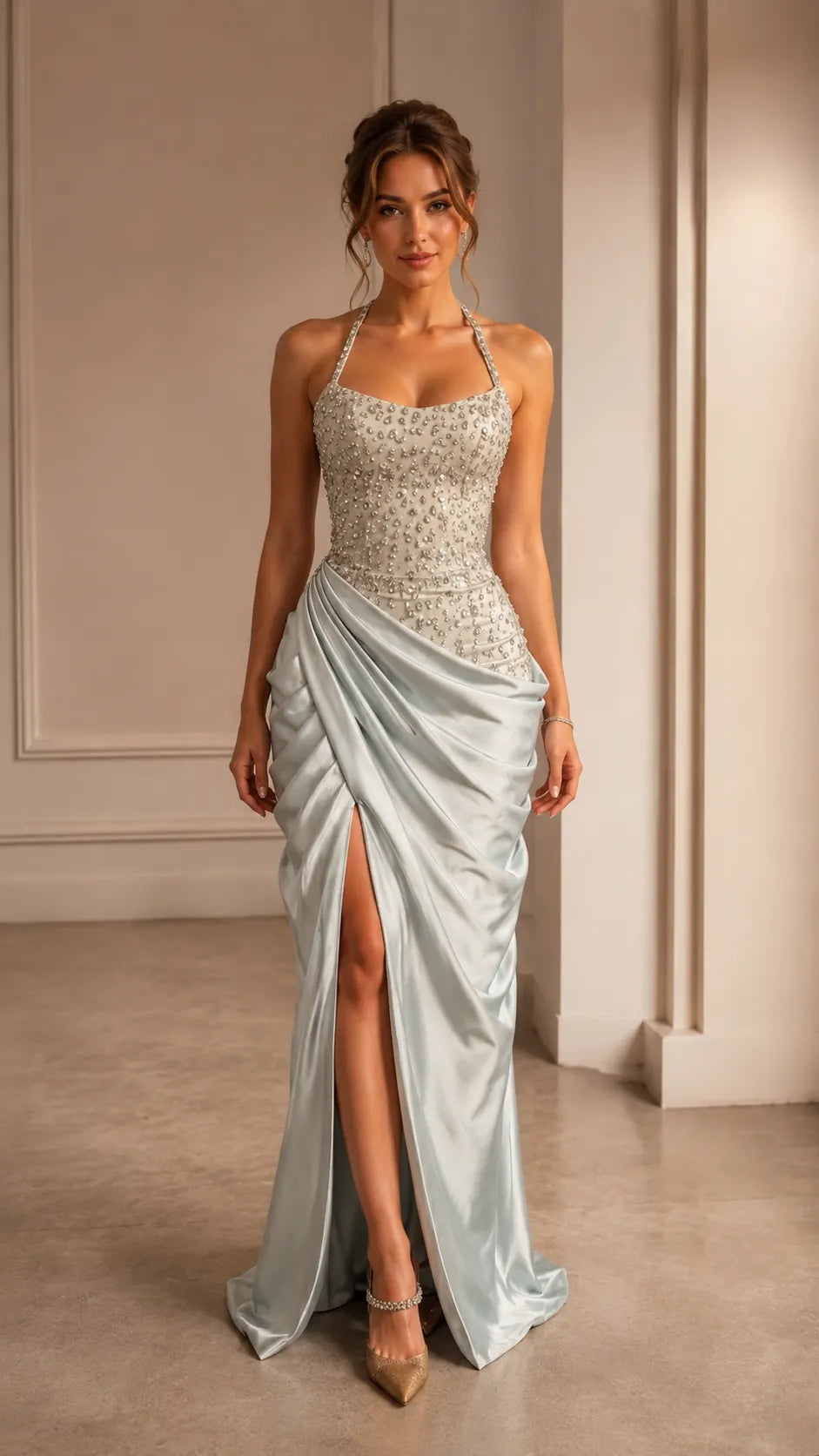Beaded Halter Satin Drape Slit Evening Gown