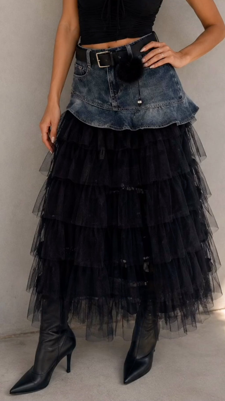 Denim Ruffle Top Layered Tulle Tiered Maxi Skirt