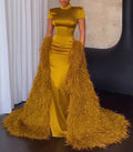 Golden Satin Feather Trailing Evening Gown
