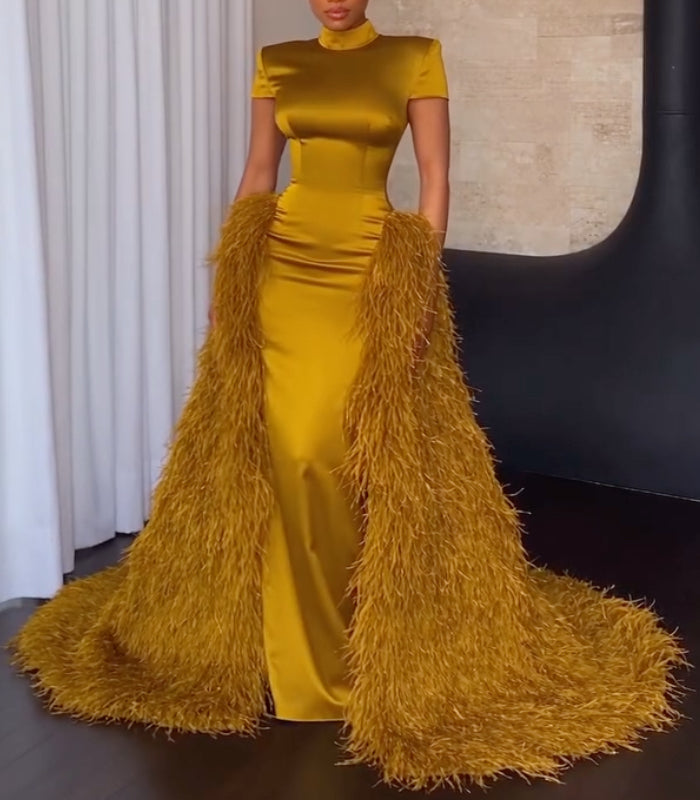 Golden Satin Feather Trailing Evening Gown