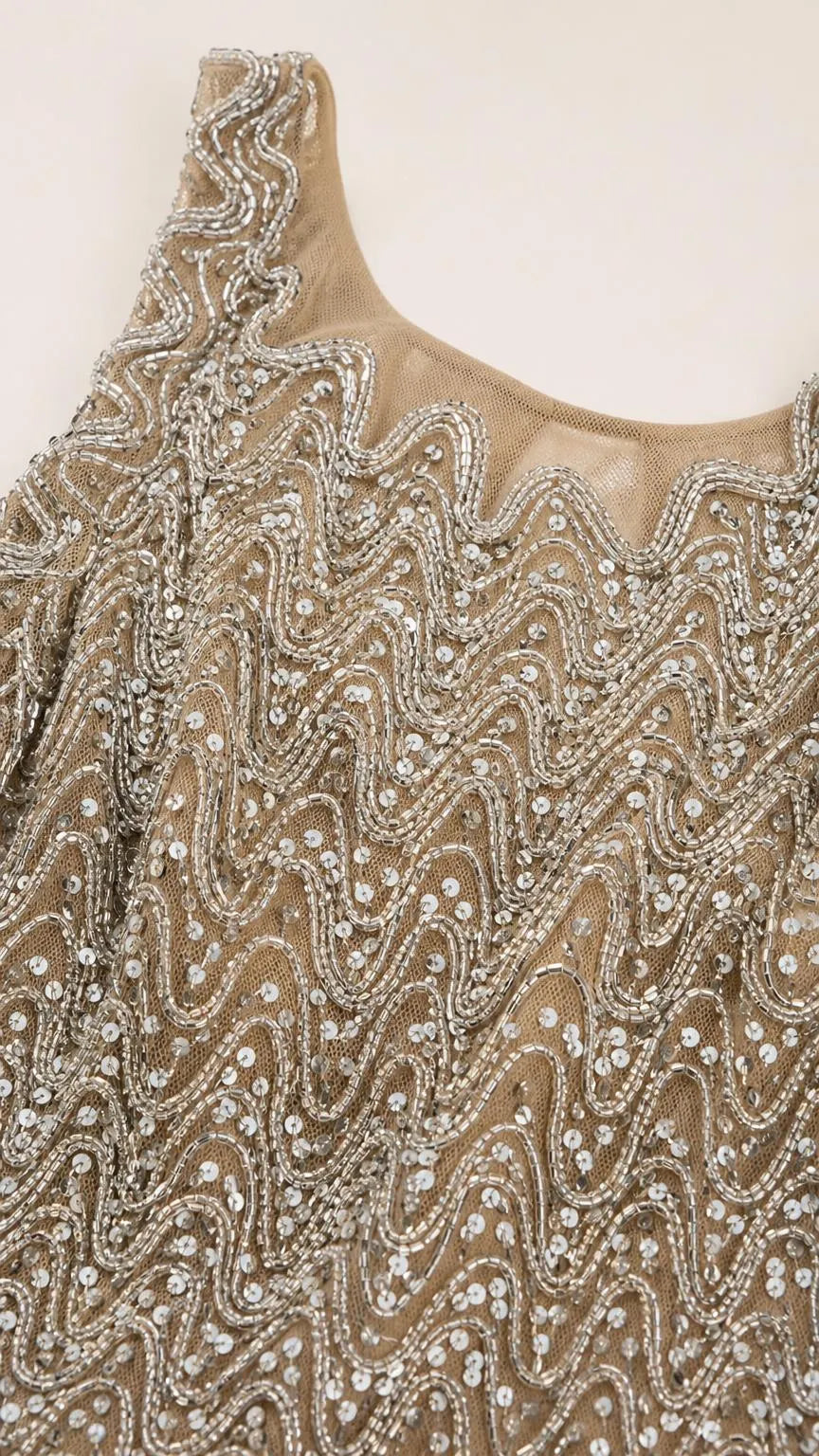 Sequin Beaded Sleeveless A-Line Midi Dress