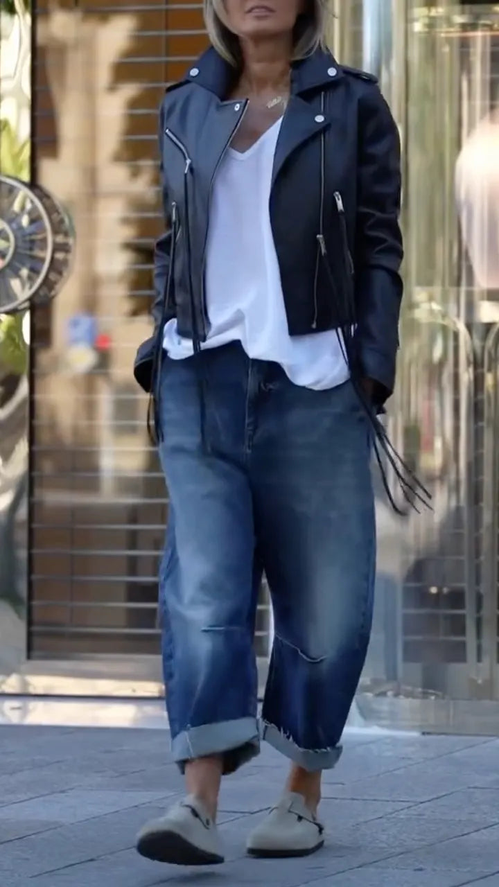 Cropped Black Leather Moto Jacket With Baggy Cuffed Jeans