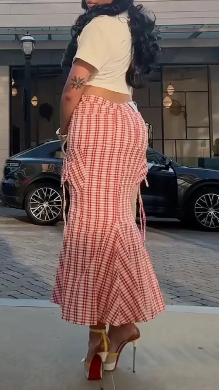 Red Gingham Ruched Mermaid Midi Skirt
