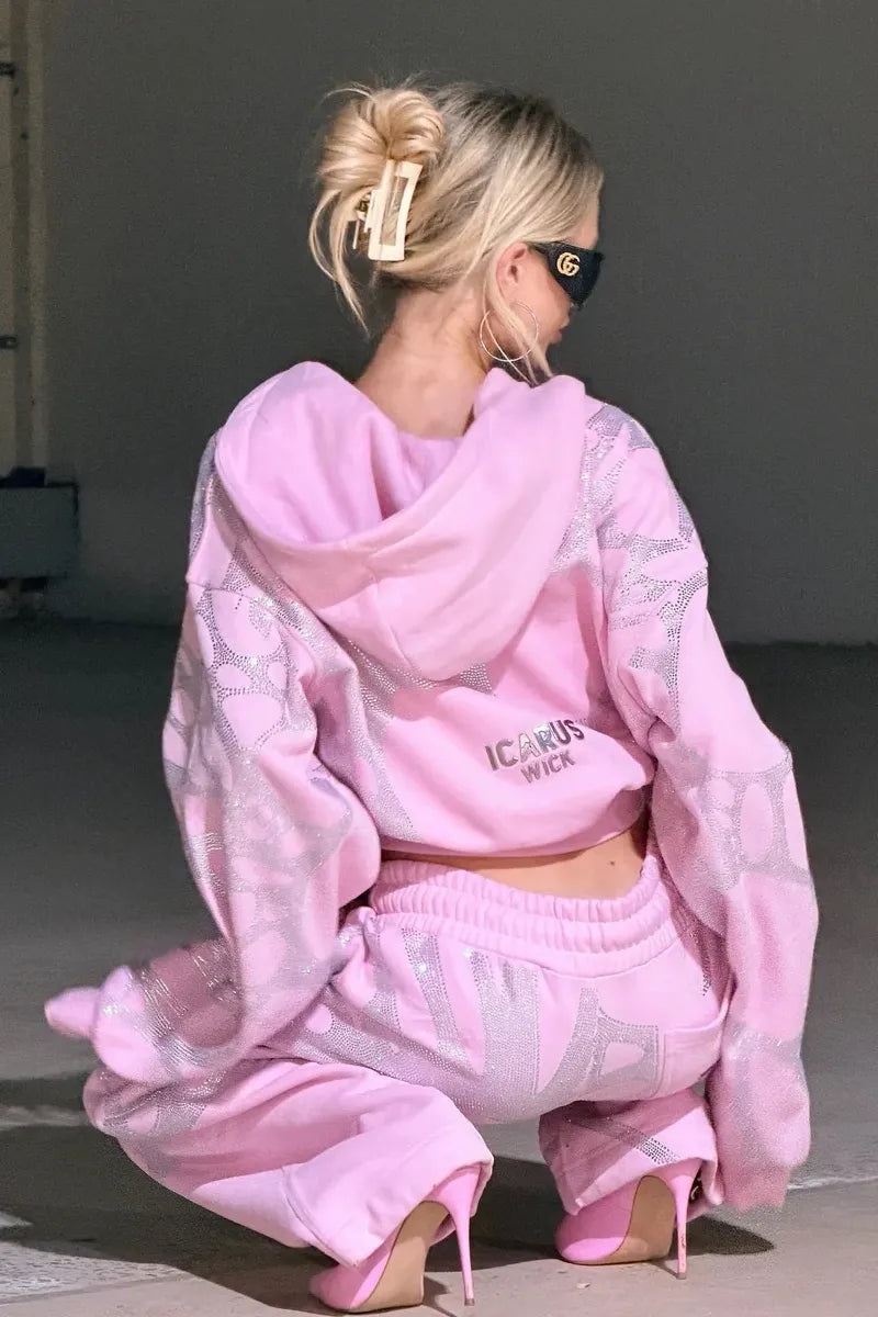 Pink Glitter Print Cropped Hooded Tracksuit Set