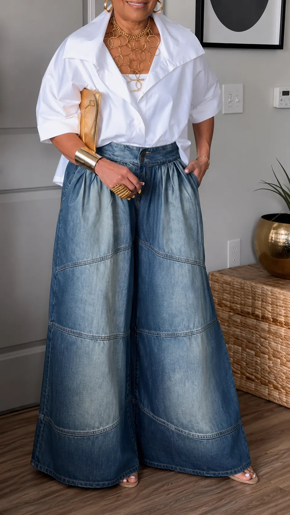 High Waist Panel Patch Wide Leg Denim Jeans Ste