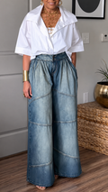 High Waist Panel Patch Wide Leg Denim Jeans Ste