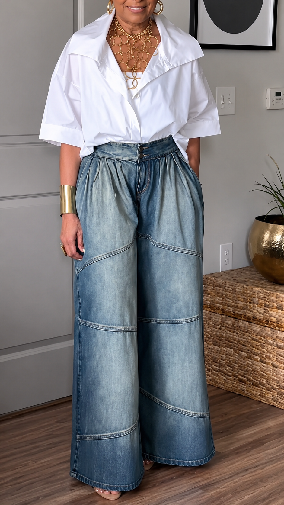 High Waist Panel Patch Wide Leg Denim Jeans Ste