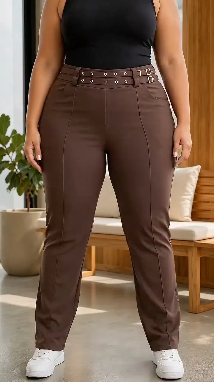 Plus‑Size Double Buckle High‑Waist Straight‑Leg Trousers