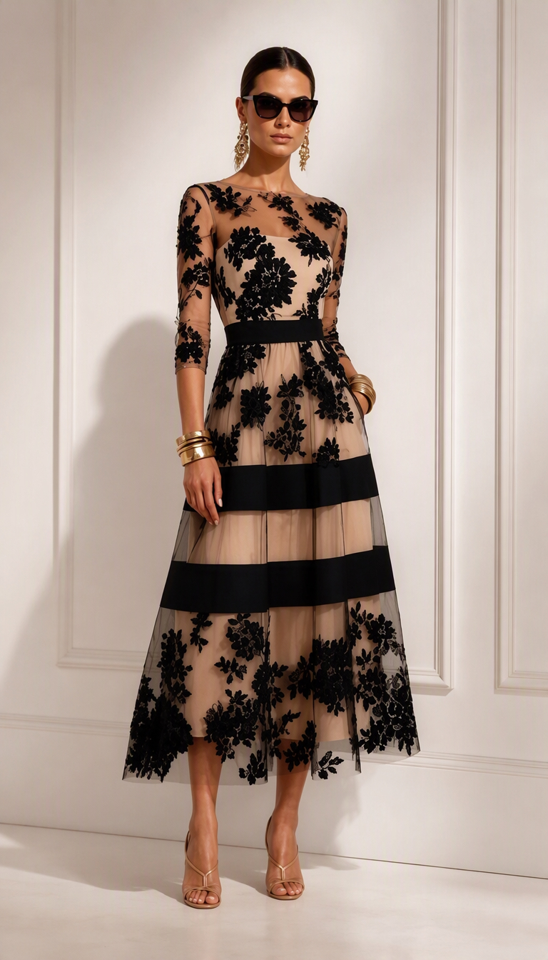 Black Floral Lace Midi Cocktail Dress