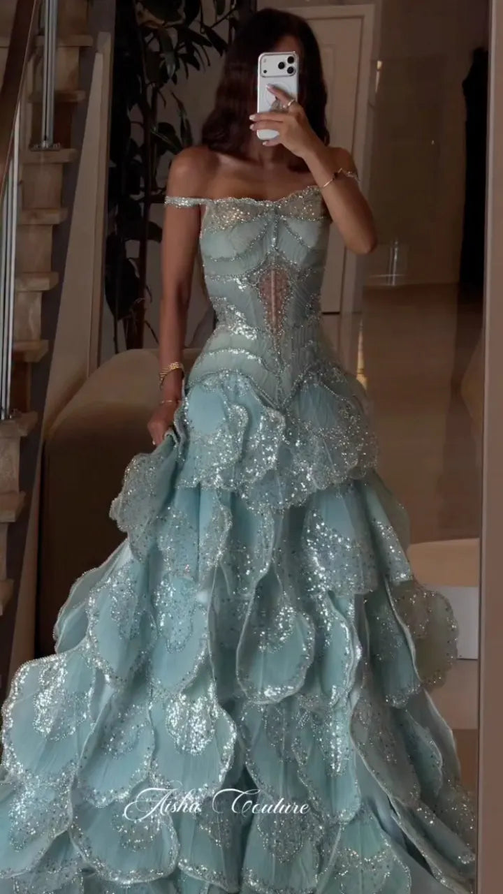 Off‑Shoulder Petal Sequin Ball Gown