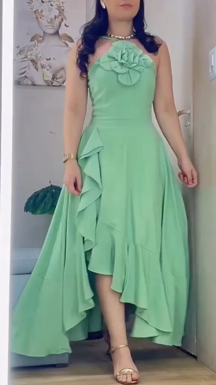 Halter 3D Flower Irregular Maxi Dress