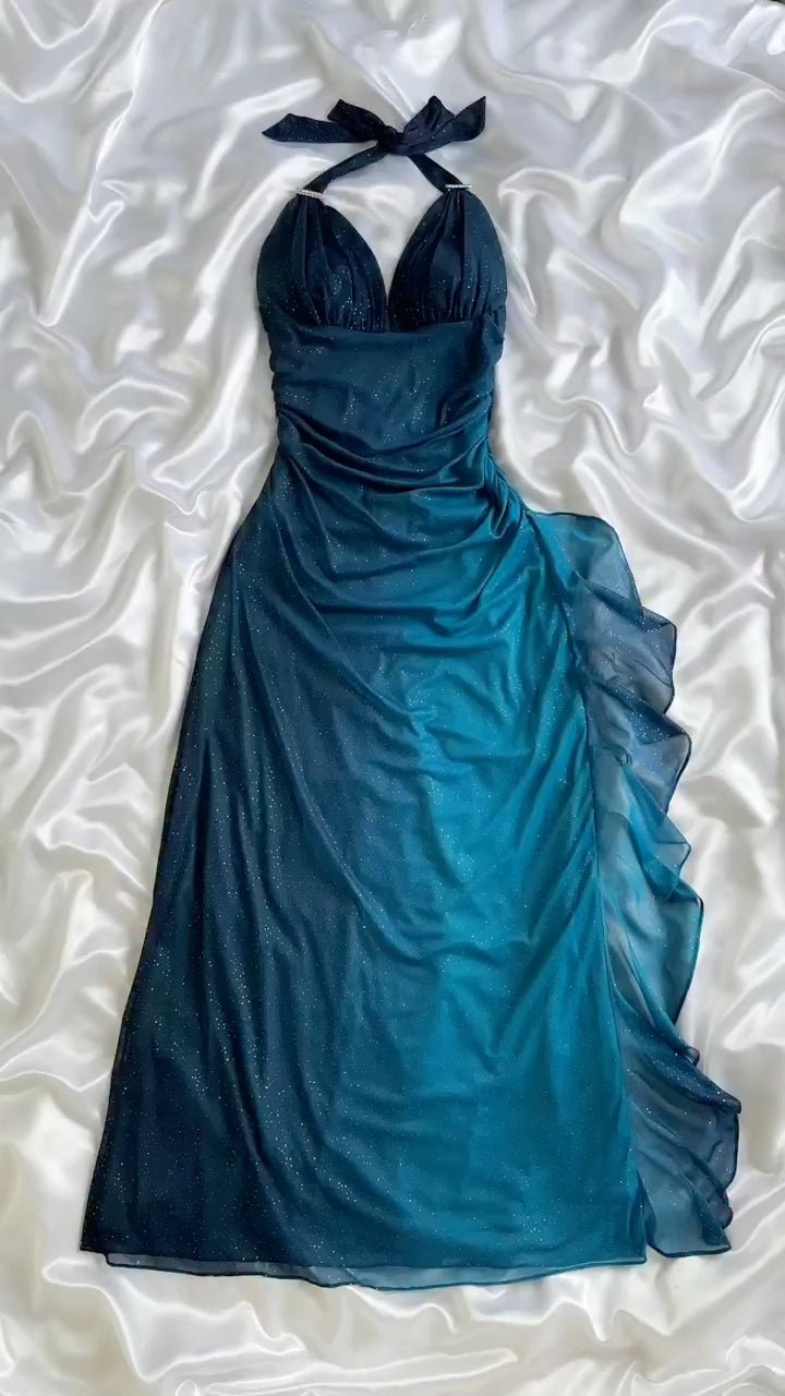 Teal Glitter Halter Tie Back Chiffon Maxi Dress