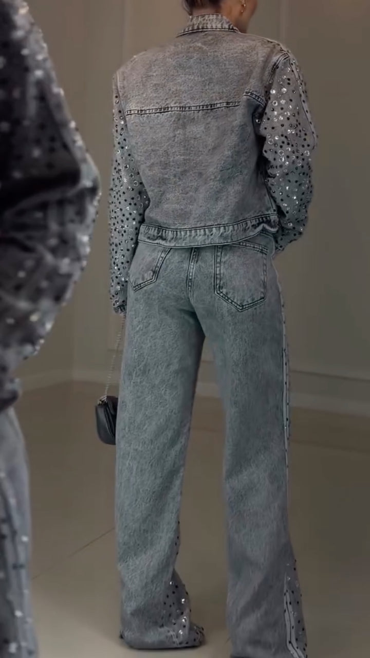 Denim Rhinestone Jacket And Jeans Two‑Piece Set