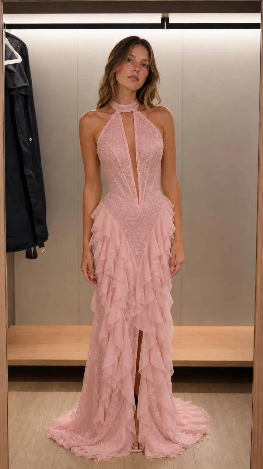Elegance Halter Neck Beaded Ruffle Maxi Dress