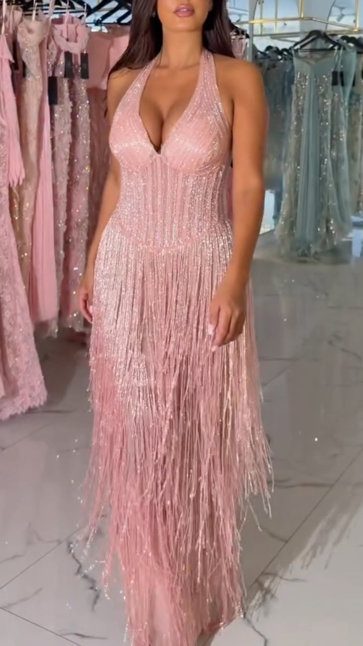 Halter V‑Neck Fringe Maxi Party Dress**