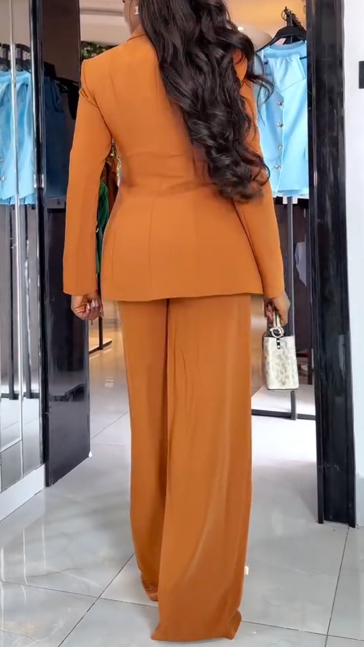 Women Collar Splicing Jacket+ Wide Leg Pants Temperament Commuting Formal Suit