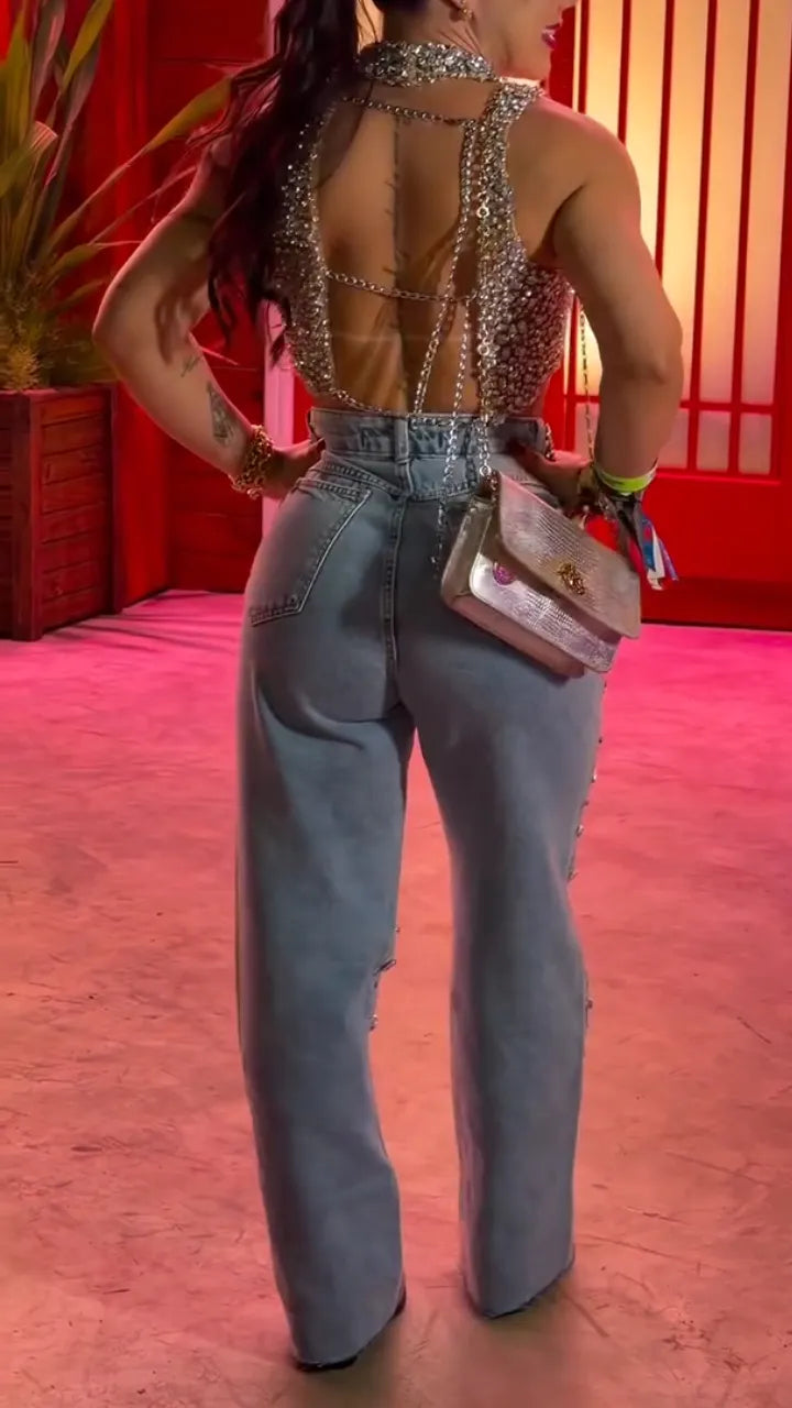 Rhinestone Embellished Crop Top And Denim Straight Jeans Set