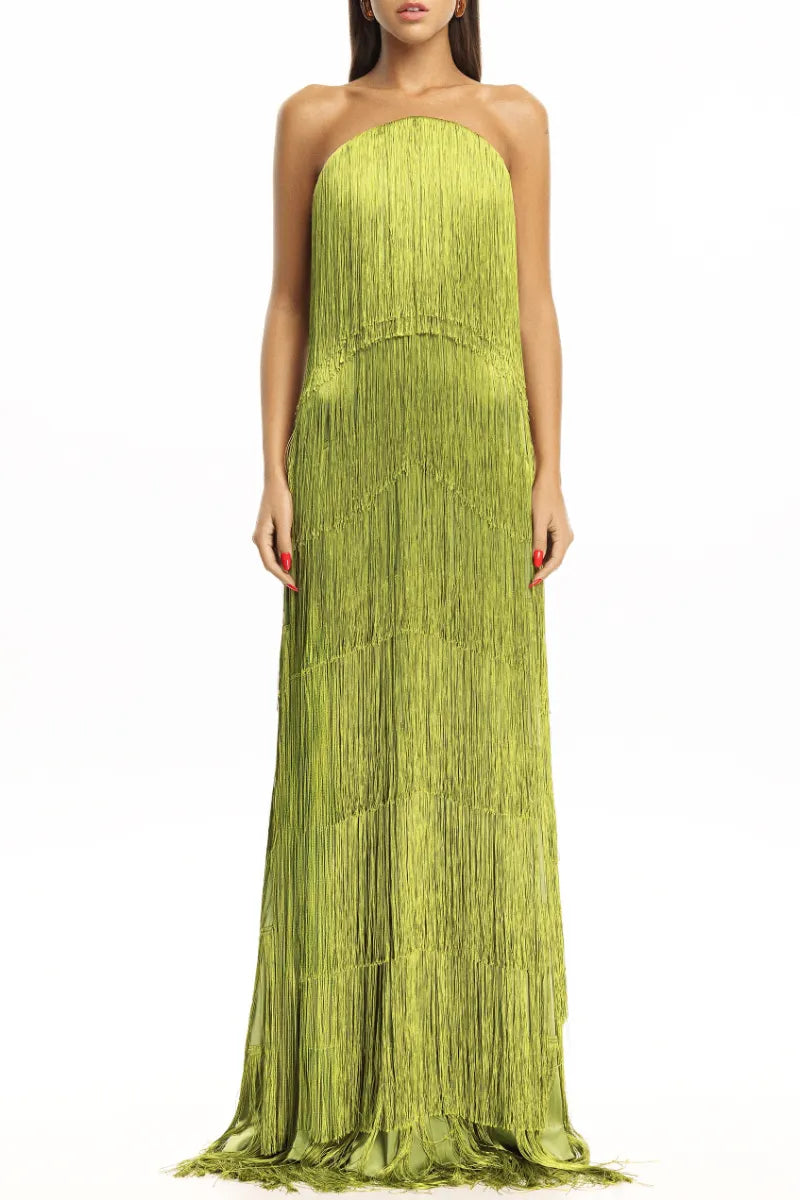 Lime Green Strapless Fringe Maxi Evening Gown