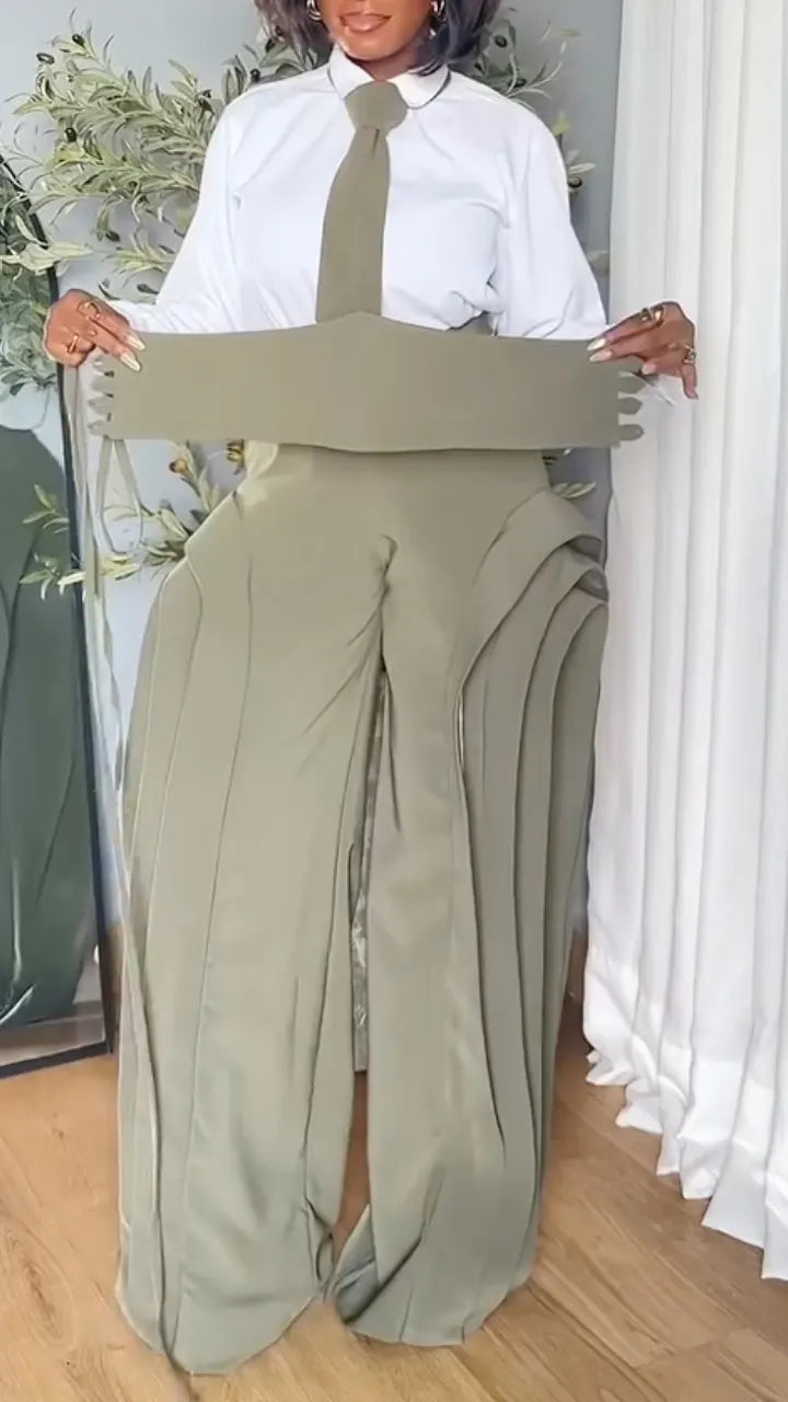 Olive Cropped Lapel Blazer Layer Flare Pant Suit Set（Buy 1 Free Shipping）