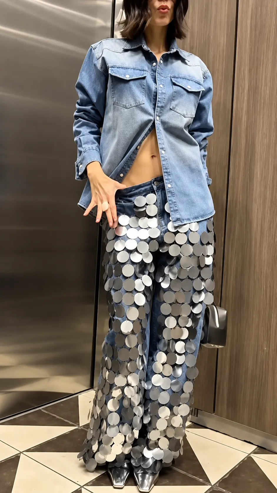 Oversized Denim Shirt With Silver Sequin Flare Pants