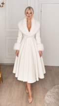 White Faux Fur Collar Wool Blend Midi Coat