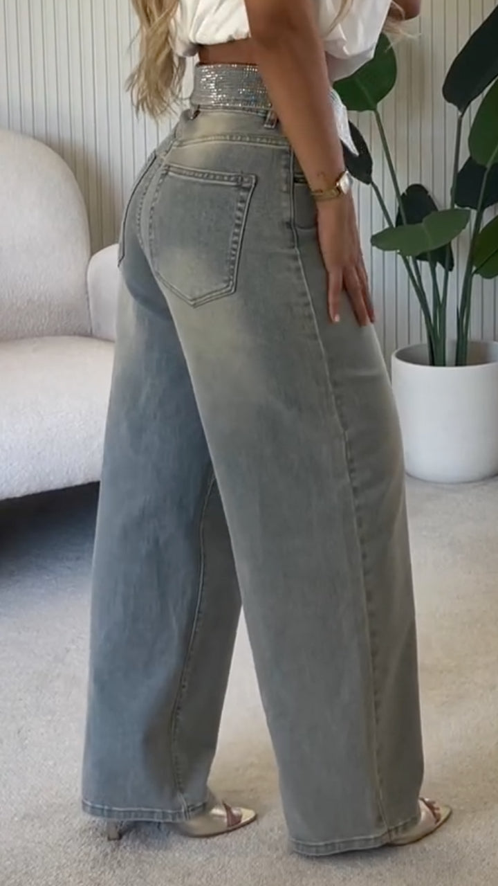 Rhinestone Folded Waist Wide Leg Jeans