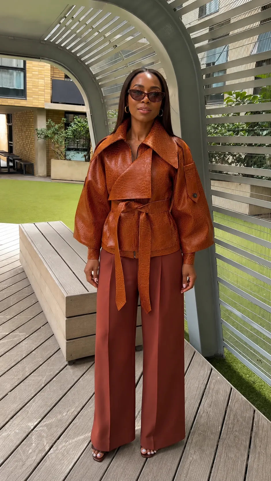 Croc‑Embossed Faux Leather Belted Wrap Jacket