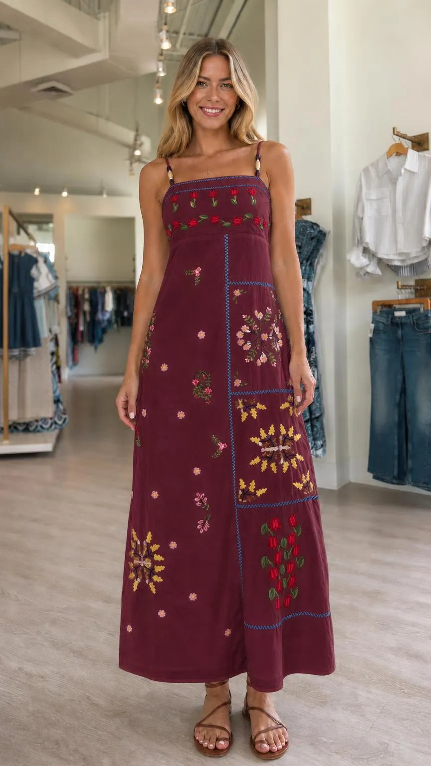 Women's Floral Embroidered Patchwork Spaghetti Strap Maxi Dress