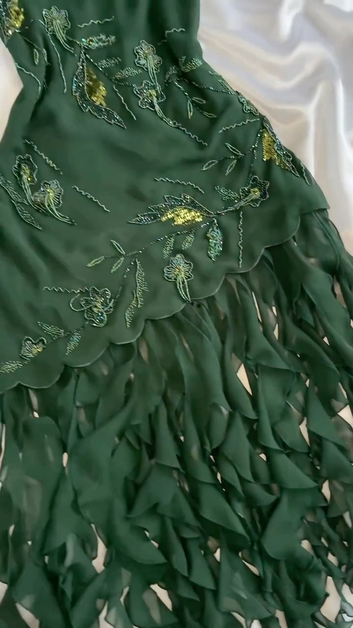 Dark Green Beaded Floral Ruffled Midi Dress