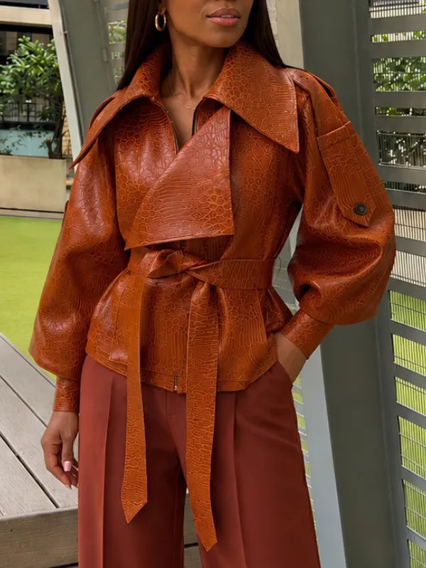 Croc‑Embossed Faux Leather Belted Wrap Jacket