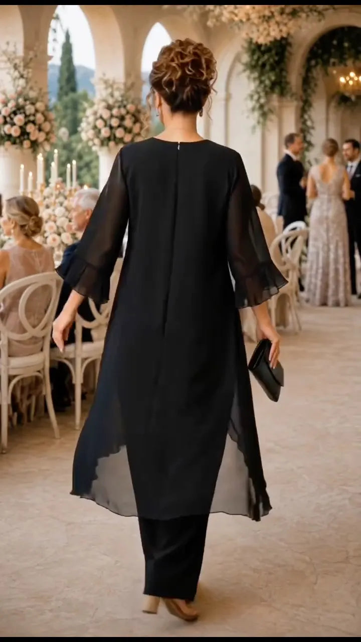 Black Chiffon Overlay Formal Pant Set