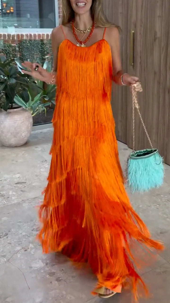 Vibrant Orange Tiered Fringe Maxi Dress