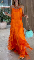 Vibrant Orange Tiered Fringe Maxi Dress