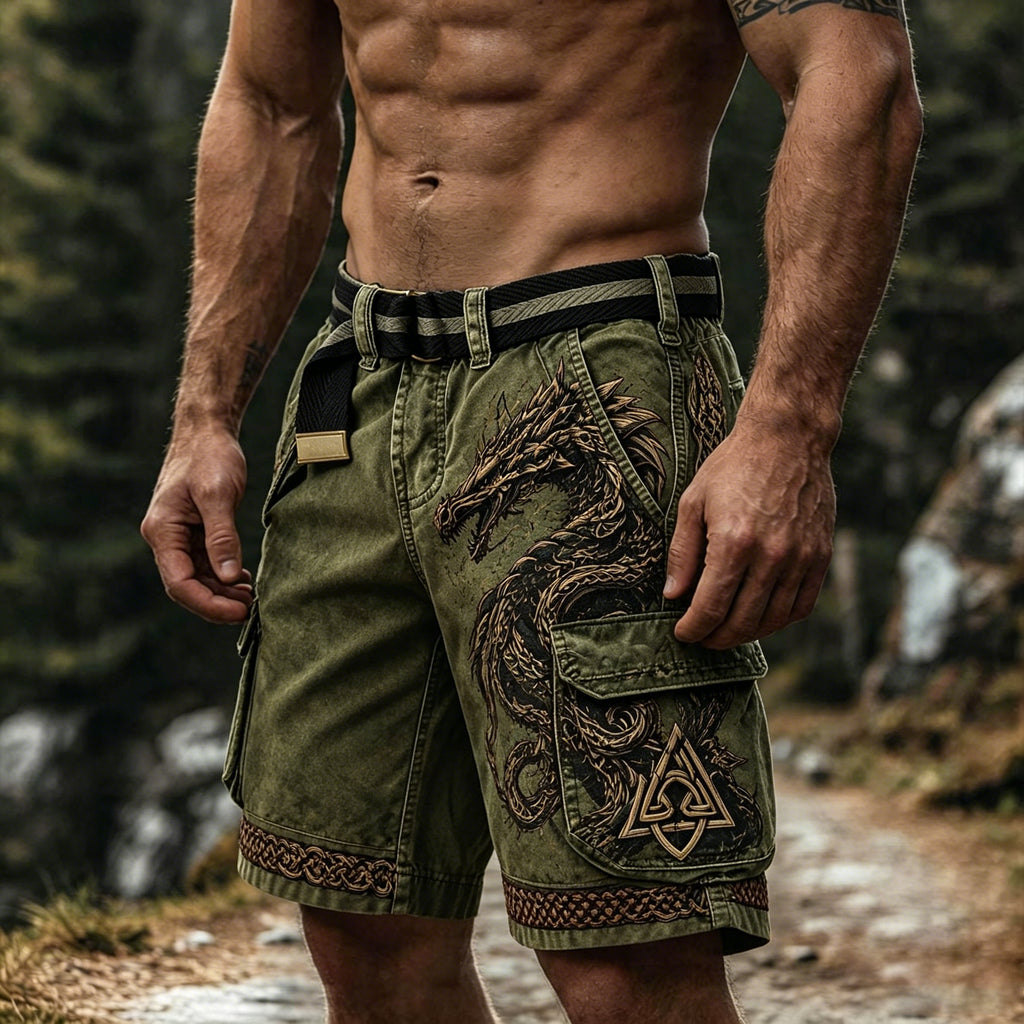 Ethnic Retro Viking Dragon Print Multi-pocket Shorts