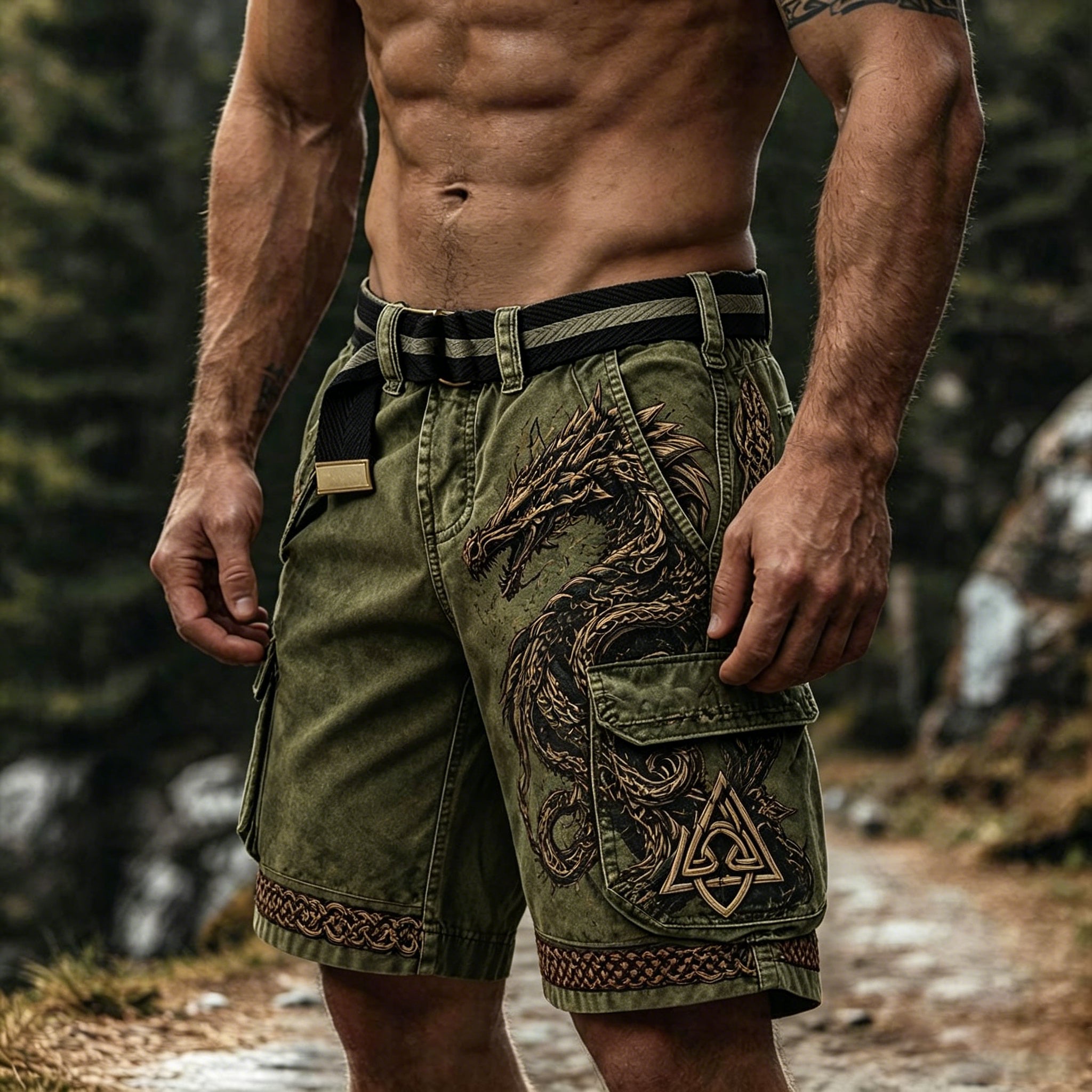 Ethnic Retro Viking Dragon Print Multi-pocket Shorts