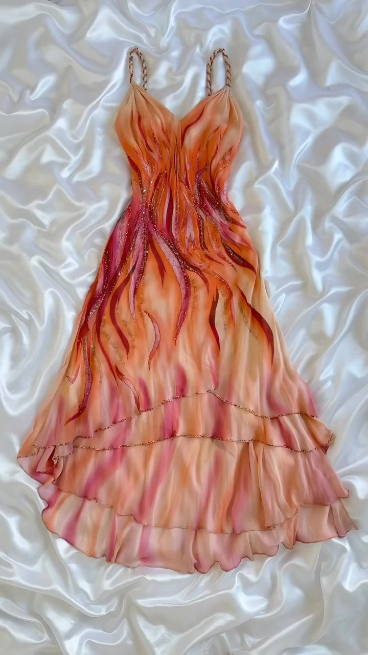 Tie‑Dye Beaded Ruffled Chiffon Midi Dress