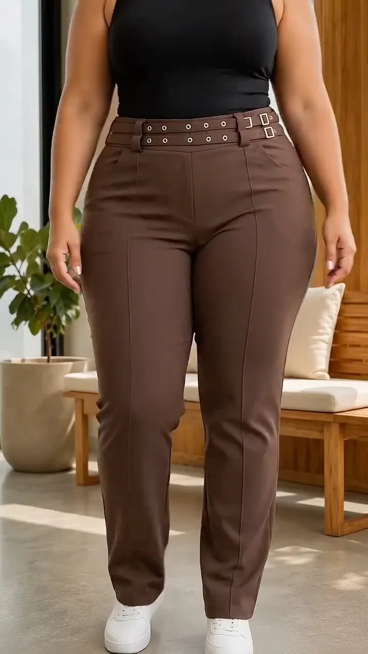 Plus‑Size Double Buckle High‑Waist Straight‑Leg Trousers
