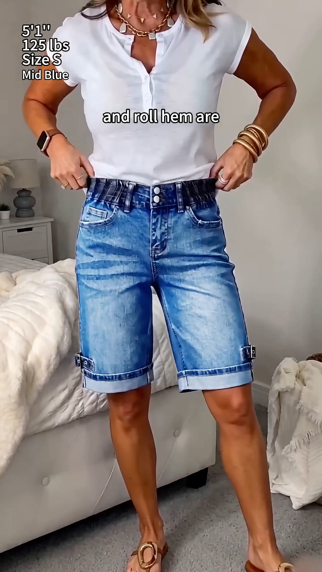 Washed Denim Roll‑Cuff Bermuda Shorts