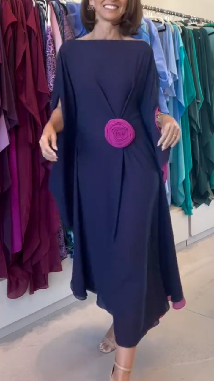 Midi Dress With Magenta Fabric Flower Detail