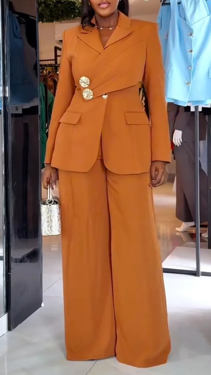 Women Collar Splicing Jacket+ Wide Leg Pants Temperament Commuting Formal Suit