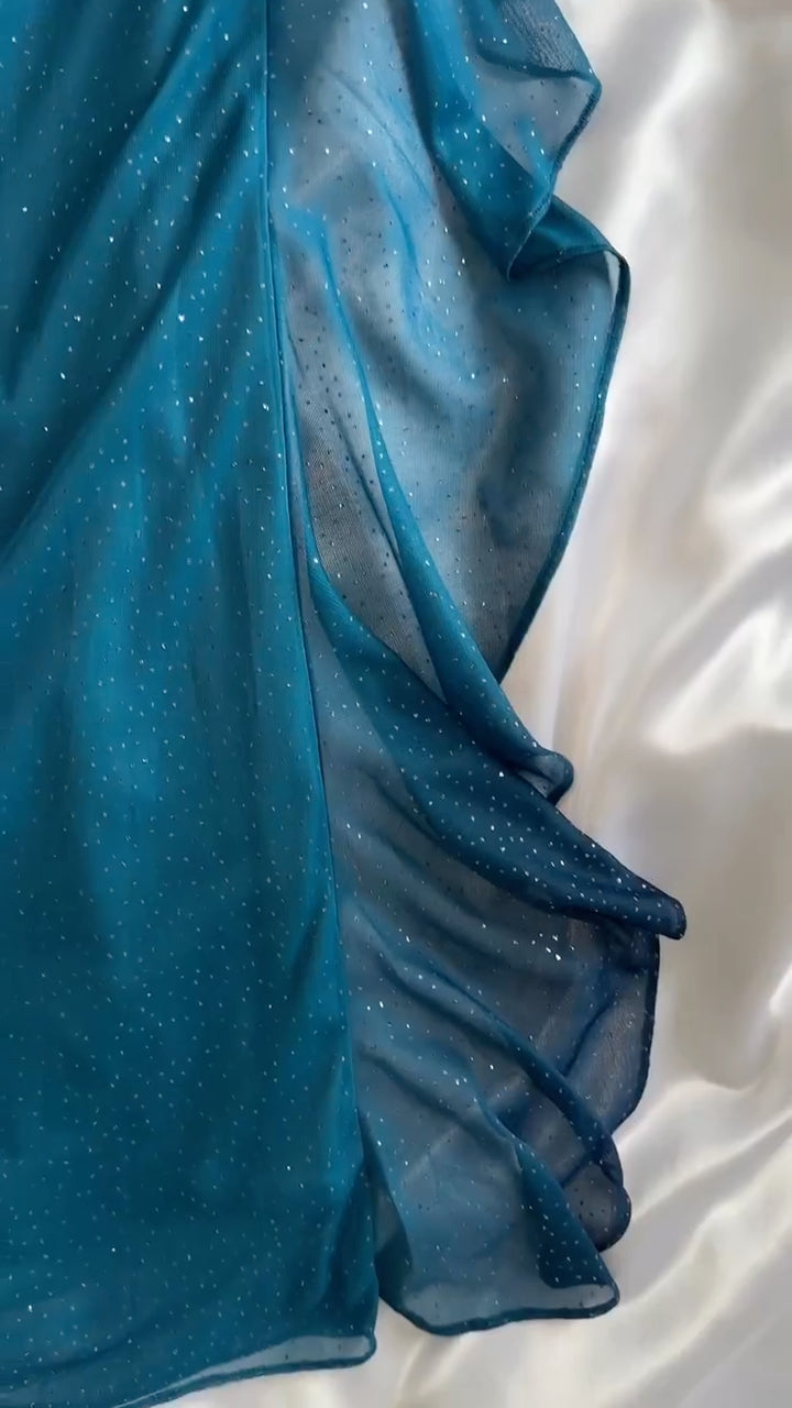 Teal Glitter Halter Tie Back Chiffon Maxi Dress