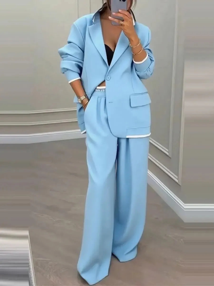 Contrast Trim Oversized Blazer And Wide Leg Pants Two Piece Set