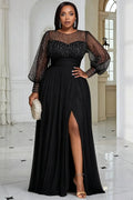 Formal  Round Neck Long Sleeve Split Elegant See Through Sequin Chiffon Maxi Dresses